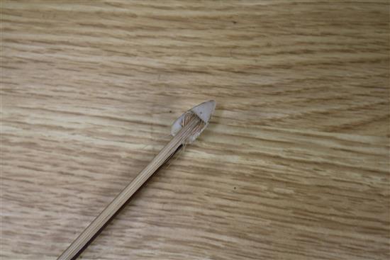 A silver mounted violin bow, an ivory mounted violin bow and a late 19th century German violin, cased